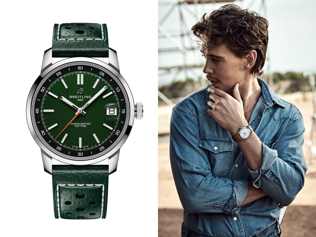 Austin Butler s svojo uro Breitling Top Time B31, novim triročnim modelom iz Breitlingove kolekcije, ki združuje slog in preciznost. / Austin Butler wearing his Breitling Top Time B31, the new three-hand model from Breitling’s collection combining style and precision.