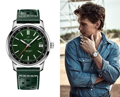 Austin Butler s svojo uro Breitling Top Time B31, novim triročnim modelom iz Breitlingove kolekcije, ki združuje slog in preciznost. / Austin Butler wearing his Breitling Top Time B31, the new three-hand model from Breitling’s collection combining style and precision.