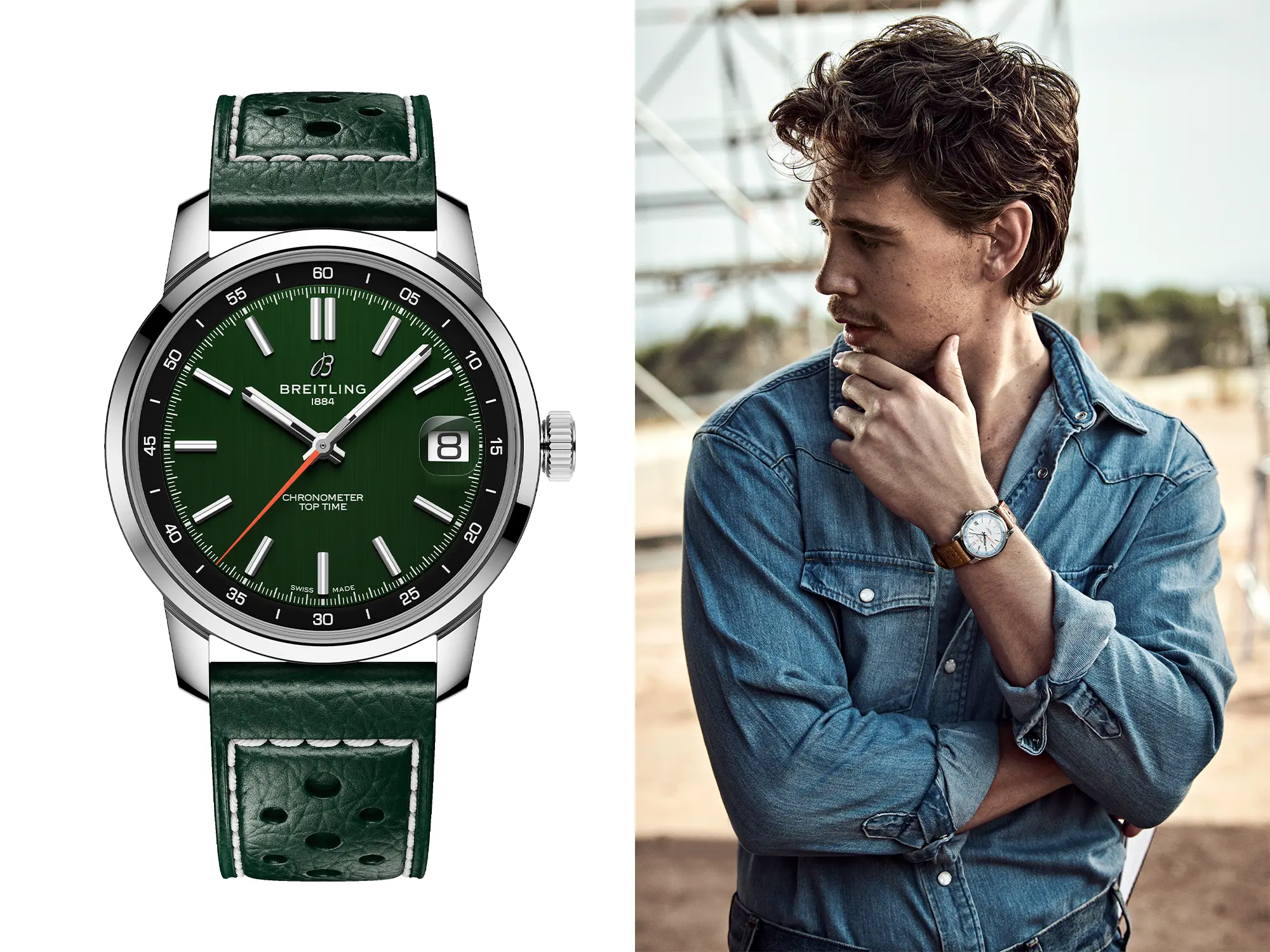 Austin Butler s svojo uro Breitling Top Time B31, novim triročnim modelom iz Breitlingove kolekcije, ki združuje slog in preciznost. / Austin Butler wearing his Breitling Top Time B31, the new three-hand model from Breitling’s collection combining style and precision.