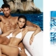 Igralec Theo James in manekenka v beli kopalkah na gumenjaku pred obalo Caprija, ob njima steklenička parfuma Dolce & Gabbana Light Blue Capri in Love. / Actor Theo James and a model in white swimwear on an inflatable boat near Capri, with a Dolce & Gabbana Light Blue Capri in Love perfume bottle beside them.