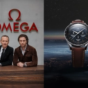 Igralec Aaron Taylor-Johnson kot novi ambasador OMEGA z Raynalom Aeschlimannom; ura OMEGA Speedmaster z usnjenim paščkom in temno številčnico./ Actor Aaron Taylor-Johnson as new OMEGA ambassador with CEO Raynald Aeschlimann; OMEGA Speedmaster watch with leather strap and dark dial.
