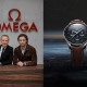 Igralec Aaron Taylor-Johnson kot novi ambasador OMEGA z Raynalom Aeschlimannom; ura OMEGA Speedmaster z usnjenim paščkom in temno številčnico./ Actor Aaron Taylor-Johnson as new OMEGA ambassador with CEO Raynald Aeschlimann; OMEGA Speedmaster watch with leather strap and dark dial.