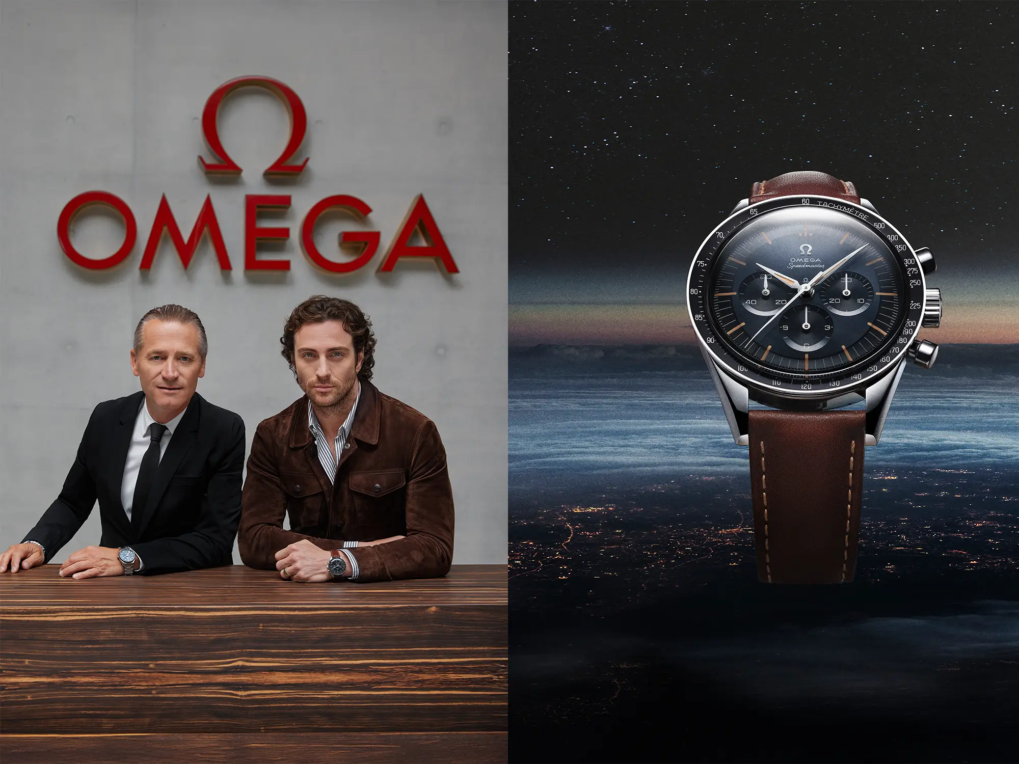 Igralec Aaron Taylor-Johnson kot novi ambasador OMEGA z Raynalom Aeschlimannom; ura OMEGA Speedmaster z usnjenim paščkom in temno številčnico./ Actor Aaron Taylor-Johnson as new OMEGA ambassador with CEO Raynald Aeschlimann; OMEGA Speedmaster watch with leather strap and dark dial.