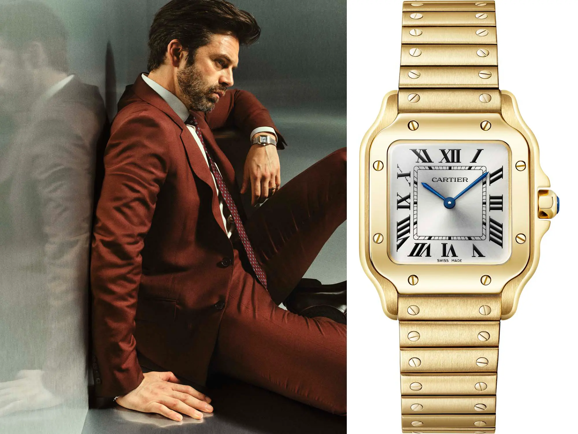 Moški v bordo obleki s prestižno ročno uro Cartier Santos iz rumenega zlata na zapestju, upodobljen v elegantnem ambientu. (David Magazine for Men with Style) / Man in a burgundy suit wearing a prestigious yellow gold Cartier Santos wristwatch, captured in an elegant setting. (David Magazine for Men with Style)