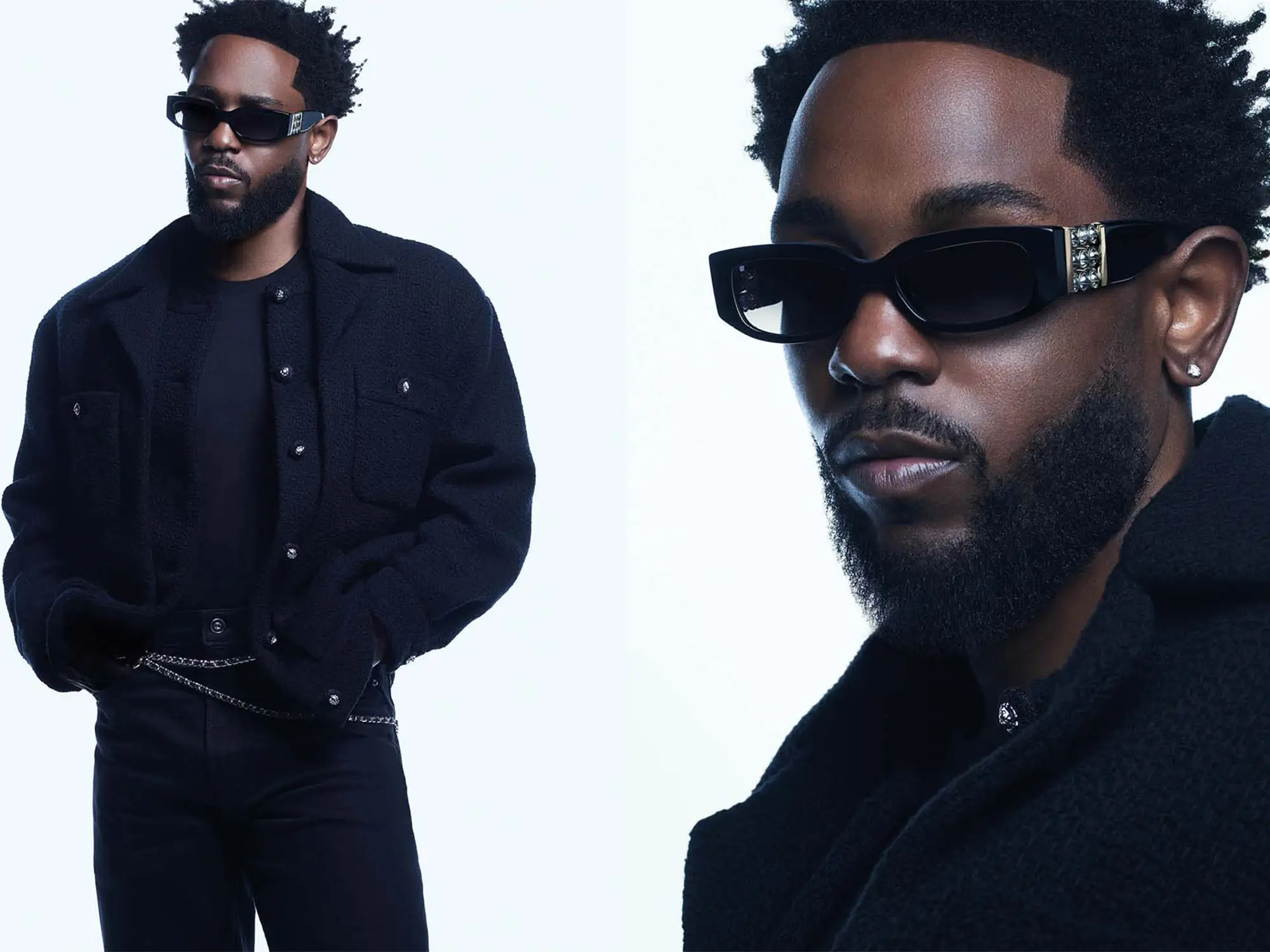 Kendrick Lamar nosi črna sončna očala CHANEL iz kolekcije pomlad–poletje 2025, oblečen v črn plašč z retro minimalističnim stilom, fotografirano v studiu Karima Sadlija. / Kendrick Lamar wears black CHANEL sunglasses from the Spring–Summer 2025 eyewear collection, styled in a black retro coat, photographed by Karim Sadli.