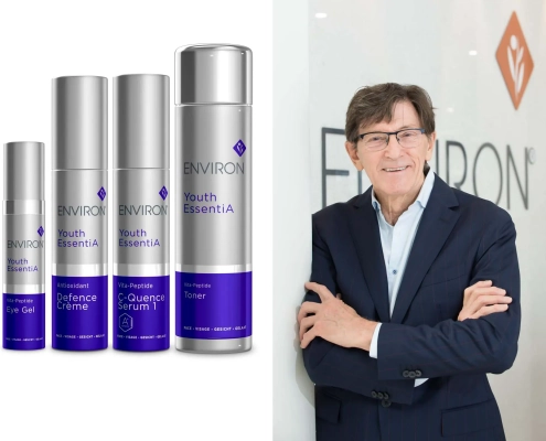 Dr. Des Fernandes ob predstavitvi vrhunskih izdelkov za nego kože Environ Youth EssentiA – strokovnjak za dermatologijo in anti-age revolucijo, predstavljen v reviji David za moške s stilom. Dr. Des Fernandes presenting premium Environ Youth EssentiA skincare products – dermatology and anti-aging pioneer featured in David magazine for stylish men.