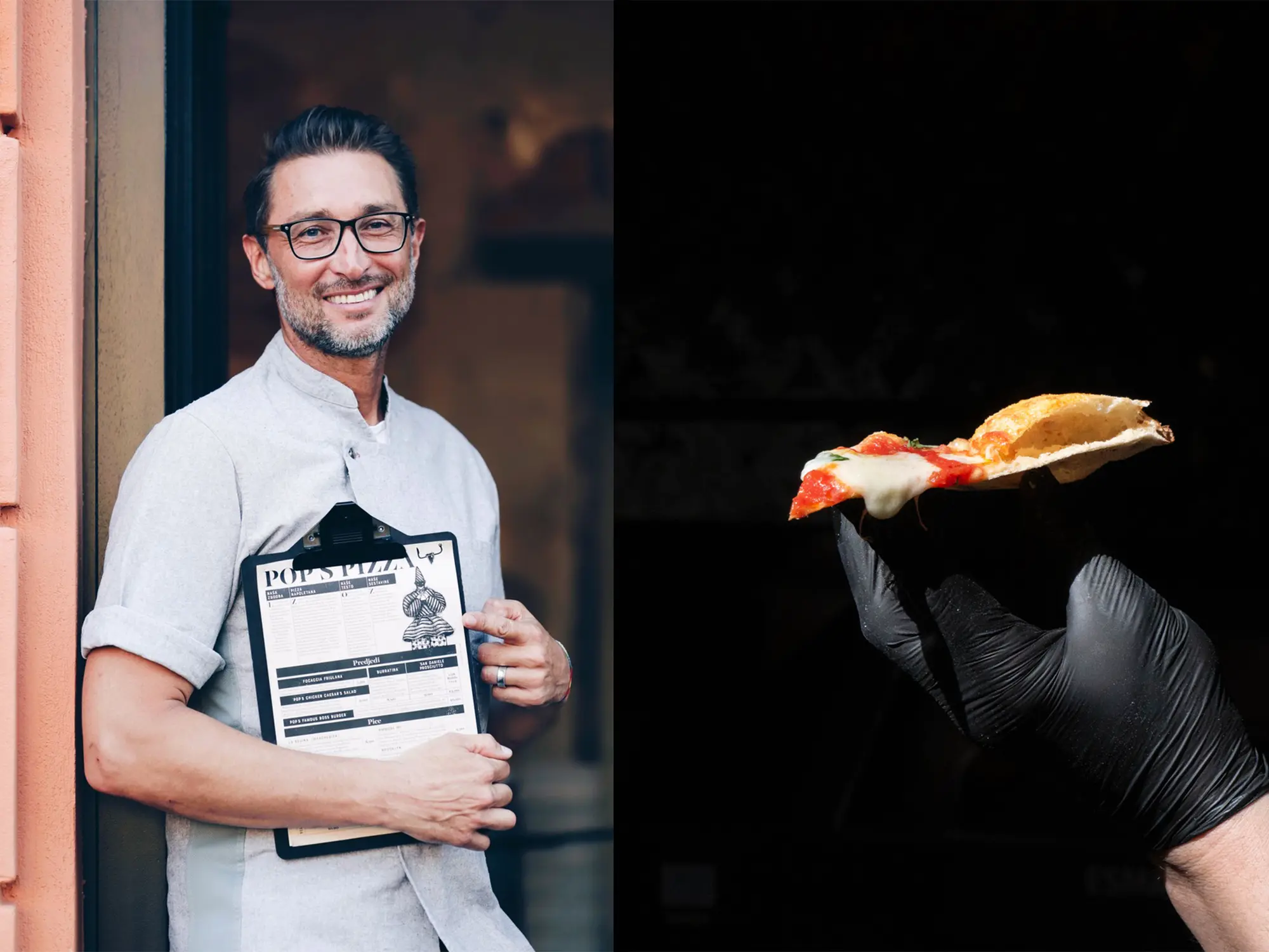 Greg Yurkovich, soustanovitelj POPS Aperitivo Ljubljana, s podpisano jedilno karto in gurmanskim koščkom pice – pogovor za revijo David – revija za moške s stilom. / Greg Yurkovich, co-founder of POPS Aperitivo Ljubljana, holding the signature menu and showcasing a slice of gourmet pizza – featured in David, men's magazine with style.