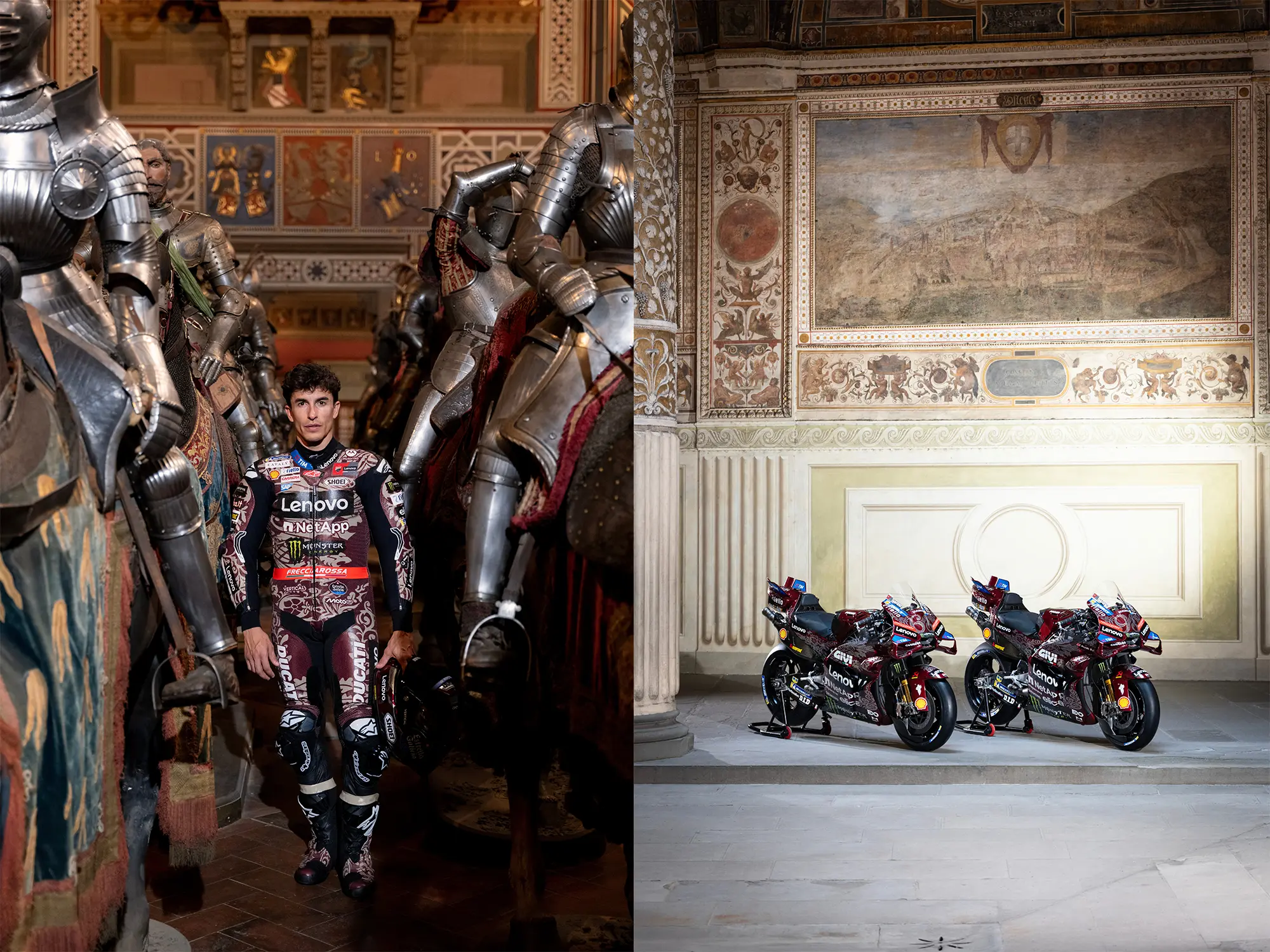 Marc Márquez v baročnem ambientu med oklepi v dirkaški opravi Ducati Lenovo MotoGP – David revija za moške s stilom. Poleg dve Ducati dirkalni motorji v zgodovinskem prostoru.