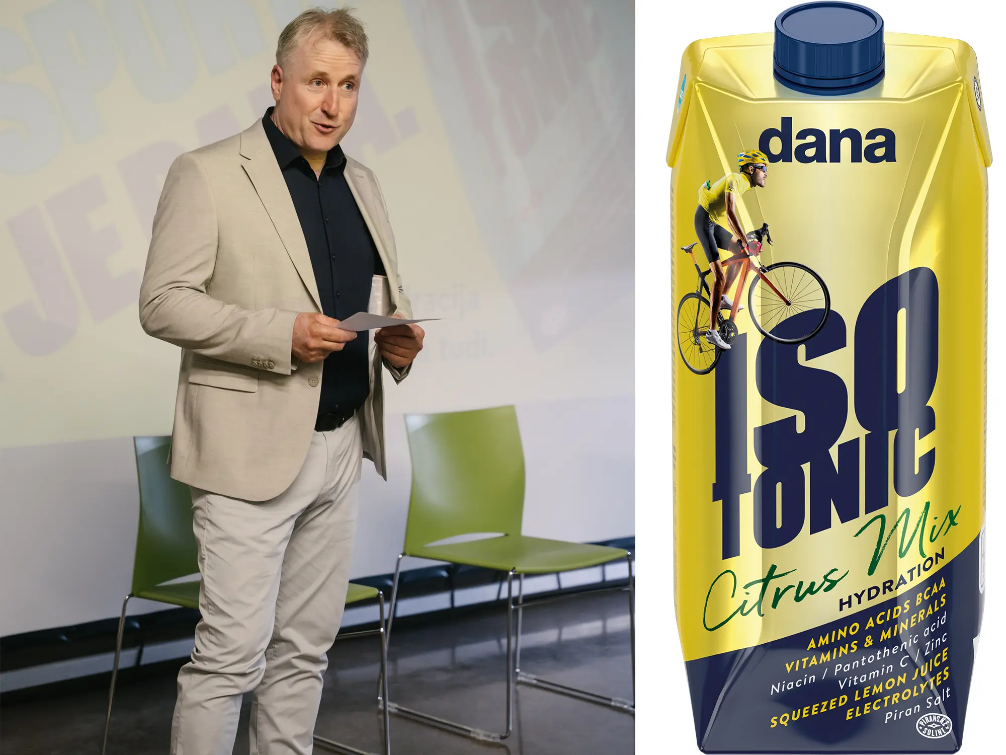 Mitja Majzelj med govorom na predstavitvi funkcionalnega napitka Dana Isotonic Citrus Mix, ki vsebuje elektrolite, vitamine in aminokisline. Dogodek spremlja ekskluzivna vsebina revije David – revija za moške s stilom. / Mitja Majzelj speaking at the presentation of Dana Isotonic Citrus Mix functional drink, enriched with electrolytes, vitamins, and amino acids. Featured in David – men's magazine with style.