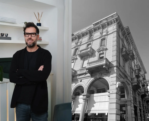 Rosario Toscano, soustanovitelj Akoni Eyewear, v svojem studiu in pogled na sedež podjetja v Luganu – luksuzna očala, oblikovana za moške z izostrenim okusom. Rosario Toscano, co-founder of Akoni Eyewear, in his studio alongside the headquarters in Lugano – luxury eyewear designed for men with refined taste.