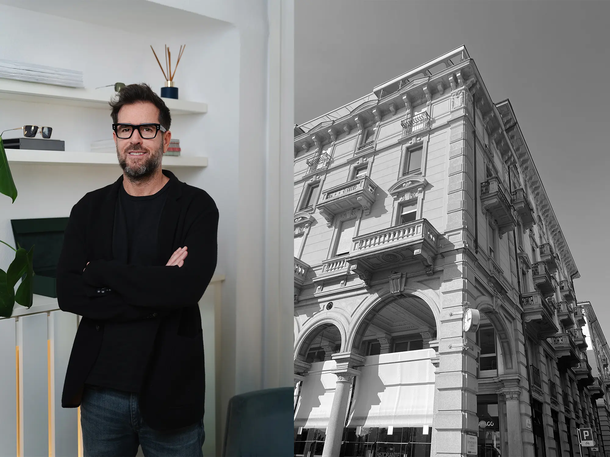 Rosario Toscano, soustanovitelj Akoni Eyewear, v svojem studiu in pogled na sedež podjetja v Luganu – luksuzna očala, oblikovana za moške z izostrenim okusom. Rosario Toscano, co-founder of Akoni Eyewear, in his studio alongside the headquarters in Lugano – luxury eyewear designed for men with refined taste.