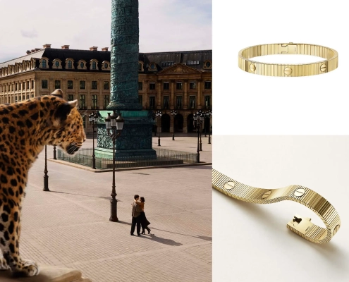 Zapestnica Cartier LOVE Unlimited v zlatu, ljubezenski par na trgu Place Vendôme in leopard – vizualna zgodba brezmejne ljubezni, razkošja in zapeljive eleganco Cartierja. Cartier LOVE Unlimited bracelet in gold, a couple in love on Place Vendôme, and a leopard – a visual tale of boundless love, luxury, and Cartier’s seductive elegance.