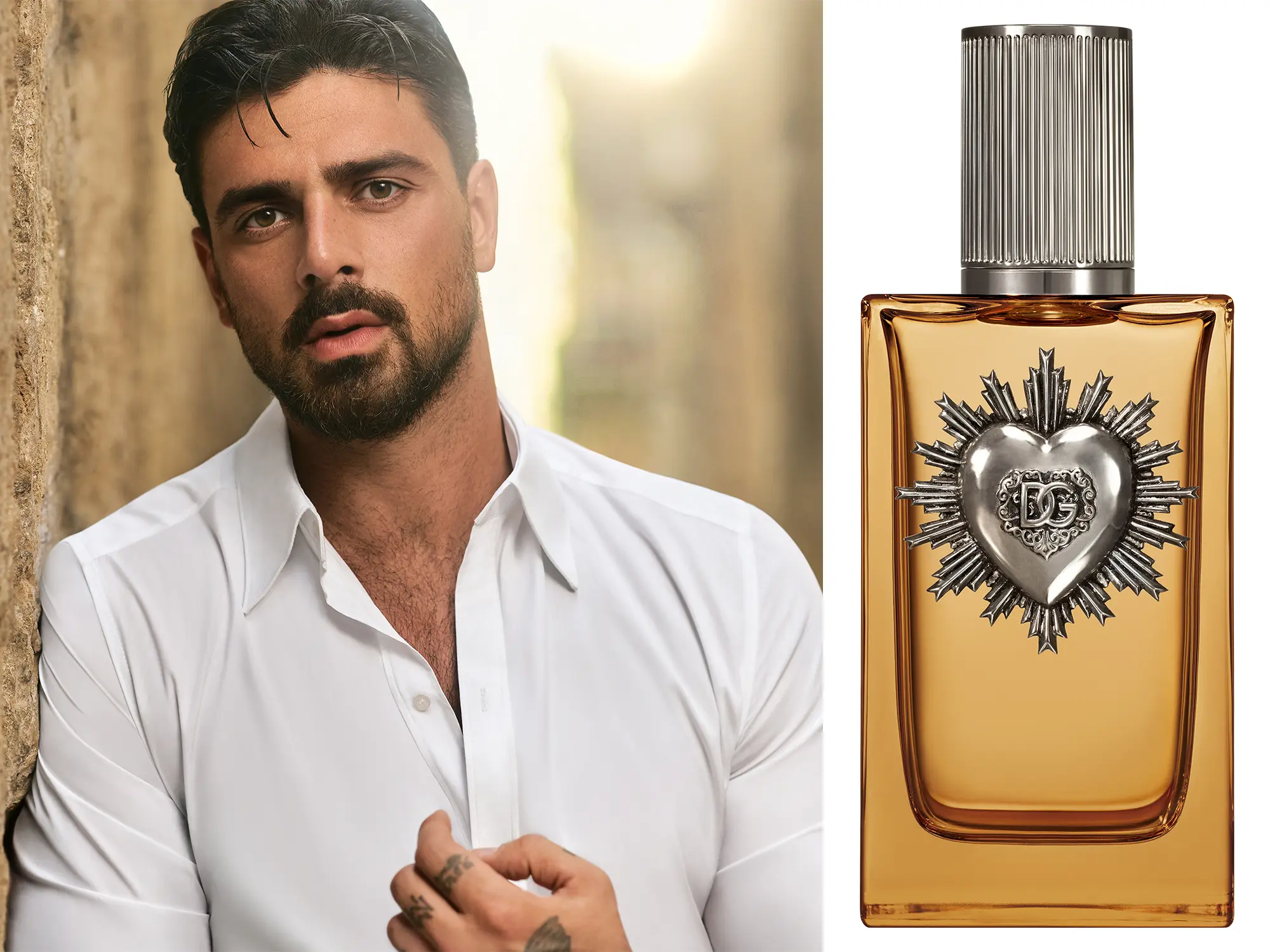Michele Morrone z dišavo Dolce&Gabbana Devotion For Men in simbolom Svetega Srca.