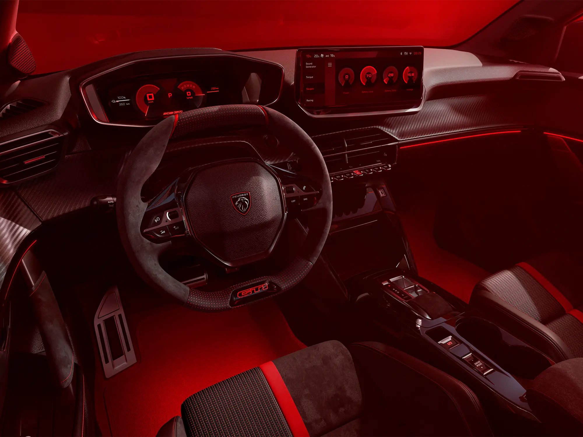 Notranjost novega Peugeot E-208 GTi s športnim volanom, digitalnimi merilniki in rdečo ambientalno osvetlitvijo.