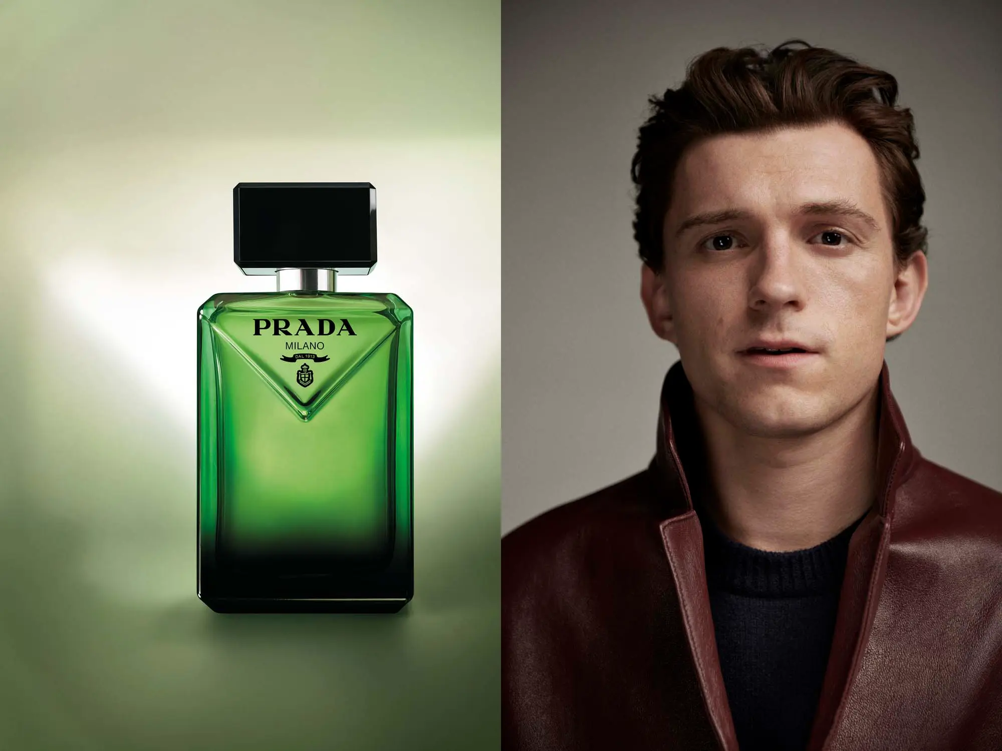 Steklenička parfuma Prada Paradigme in igralec Tom Holland, ambasador dišave.