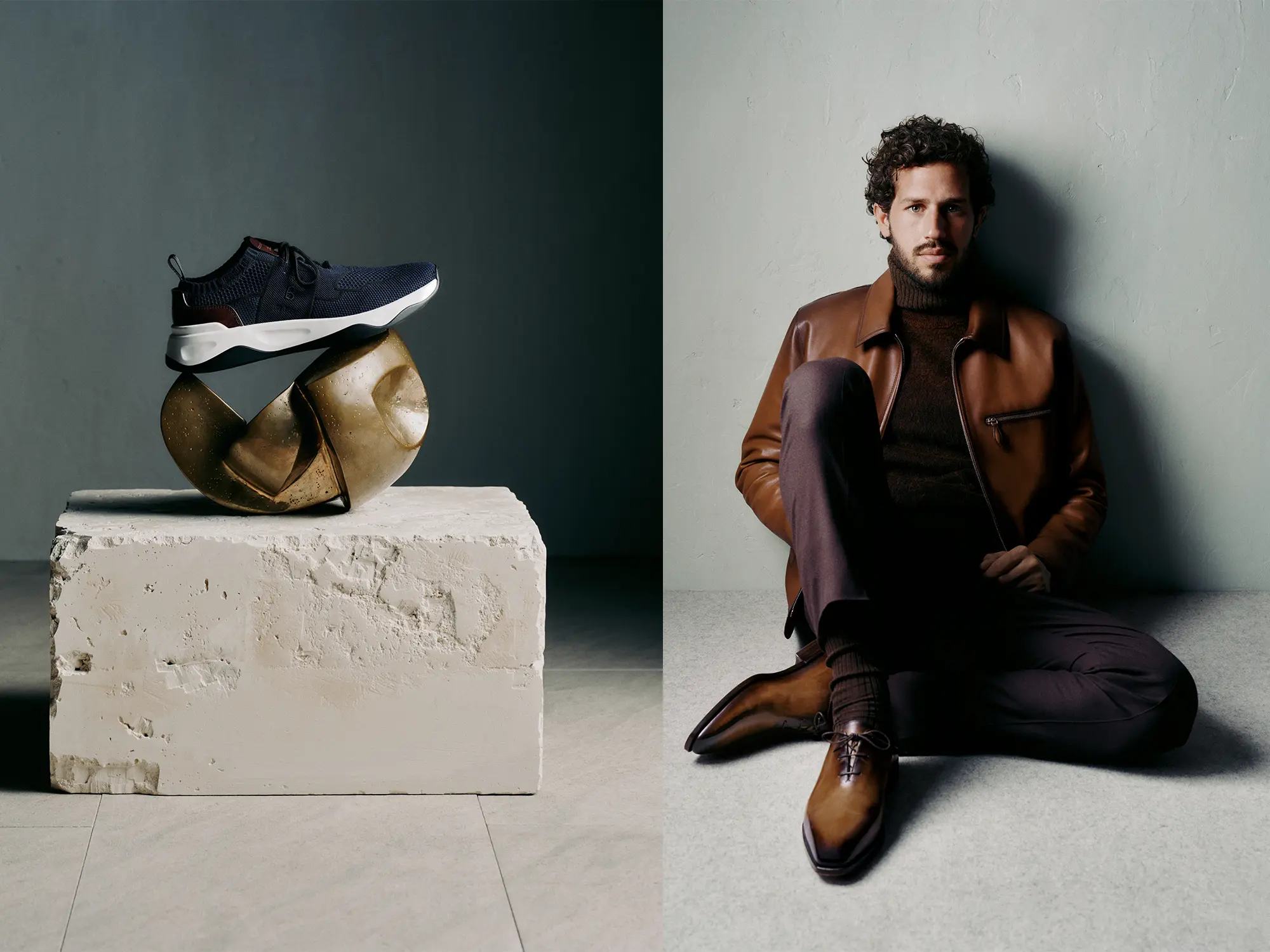 Kolaž superg Berluti Stellar, postavljenih na umetniško skulpturo, ter moškega modela v rjavi usnjeni jakni in elegantnih čevljih, sedečega ob steni.