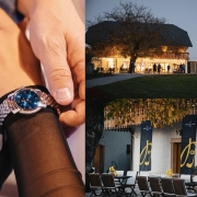 Kolaž treh fotografij: elegantna ženska ura Breitling Lady Premiere na zapestju, osvetljena hiša posestva Pule v večernem ambientu ter zunanja ureditev dogodka z zastavami Breitling.