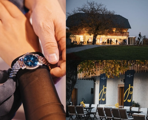 Kolaž treh fotografij: elegantna ženska ura Breitling Lady Premiere na zapestju, osvetljena hiša posestva Pule v večernem ambientu ter zunanja ureditev dogodka z zastavami Breitling.
