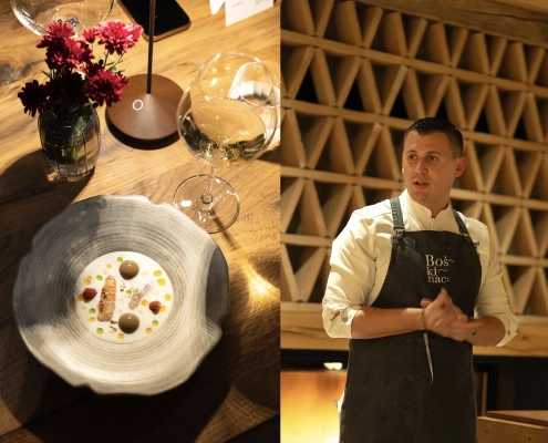 Gurmanska jed v keramični skledi in kuhar, ki predstavlja jed med kulinaričnim večerom v Gourmet Vili Muhr v Bohinju.