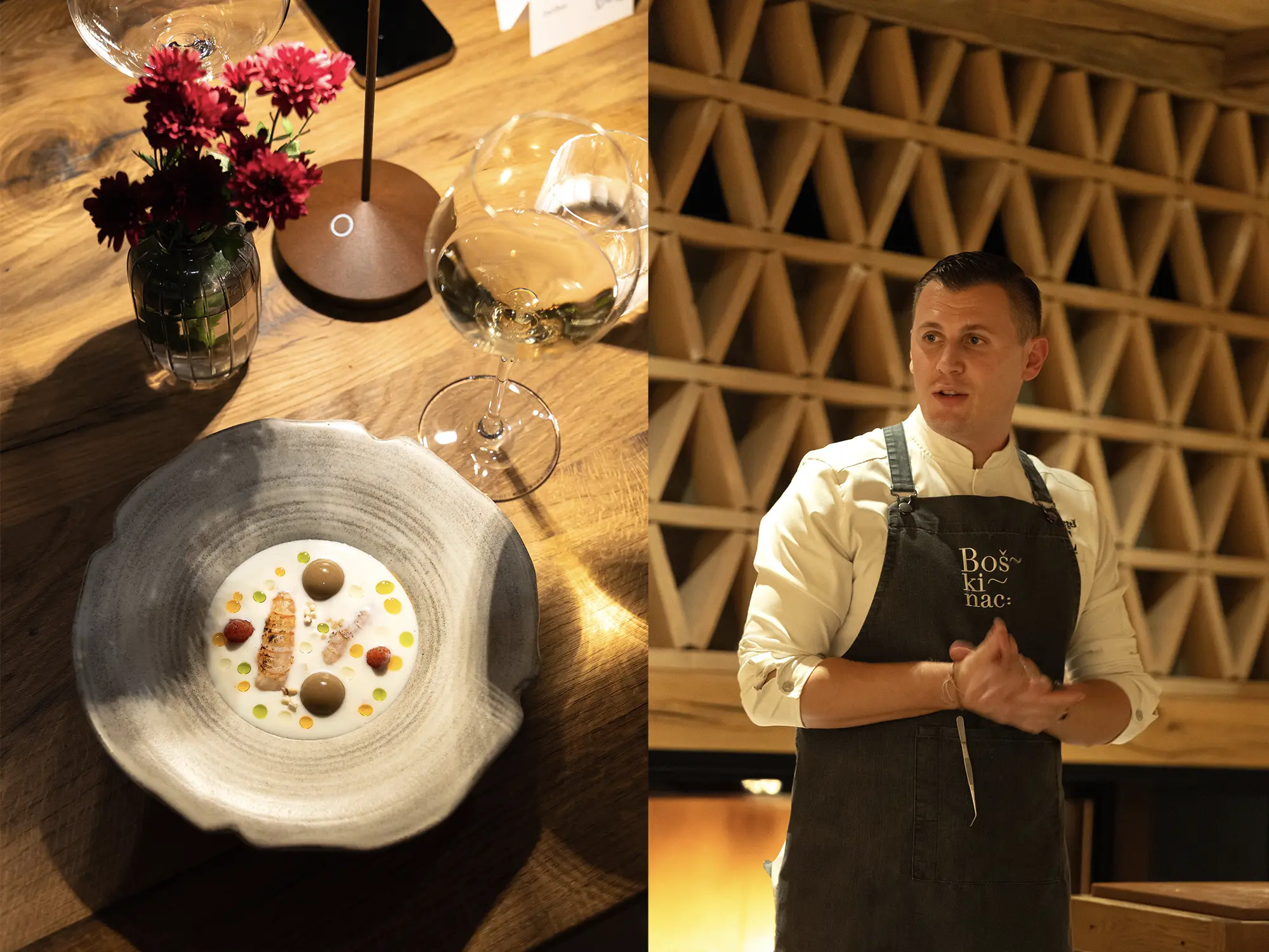 Gurmanska jed v keramični skledi in kuhar, ki predstavlja jed med kulinaričnim večerom v Gourmet Vili Muhr v Bohinju.