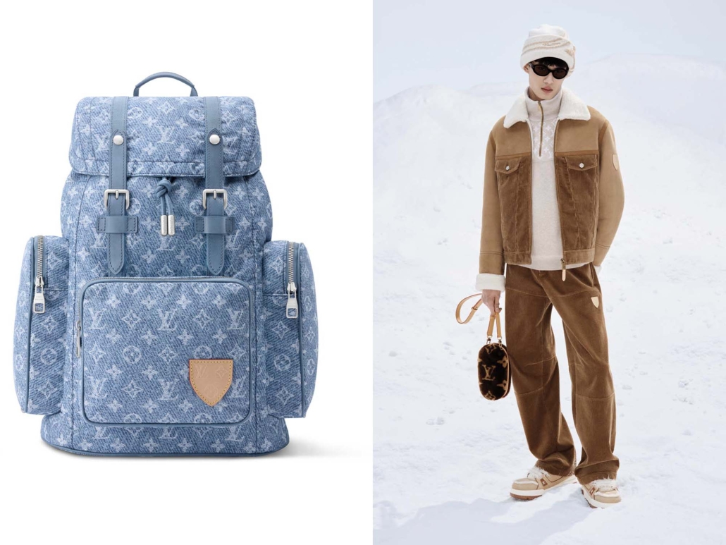 Louis Vuitton monogram nahrbtnik iz modrega denima ob zimski moški opravi v snežni pokrajini.
