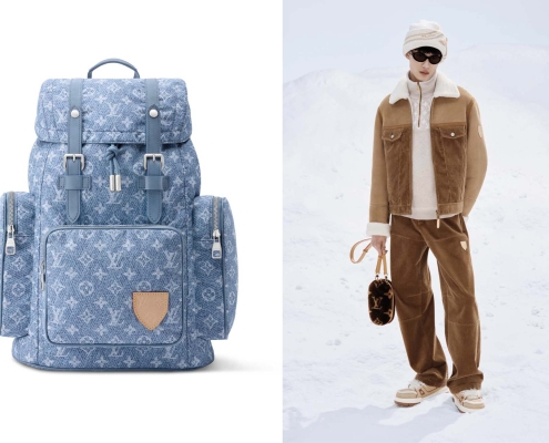 Louis Vuitton monogram nahrbtnik iz modrega denima ob zimski moški opravi v snežni pokrajini.
