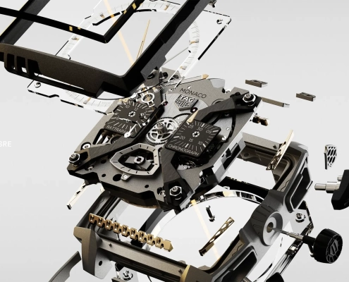 Eksplodiran prikaz mehanizma ure TAG Heuer Monaco Split-Seconds Chronograph Air 1 z izpostavljenimi tehničnimi komponentami.