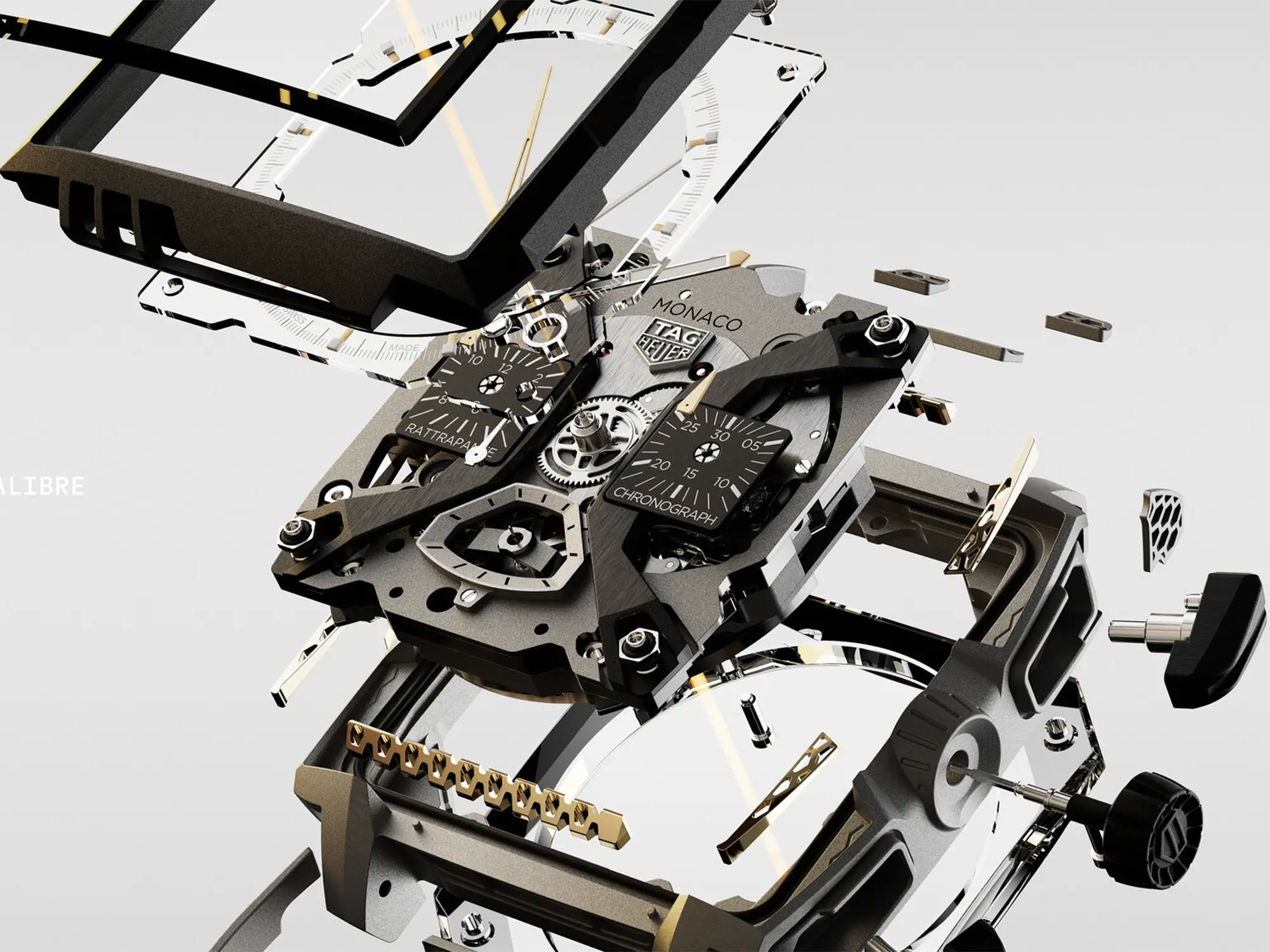 Eksplodiran prikaz mehanizma ure TAG Heuer Monaco Split-Seconds Chronograph Air 1 z izpostavljenimi tehničnimi komponentami.