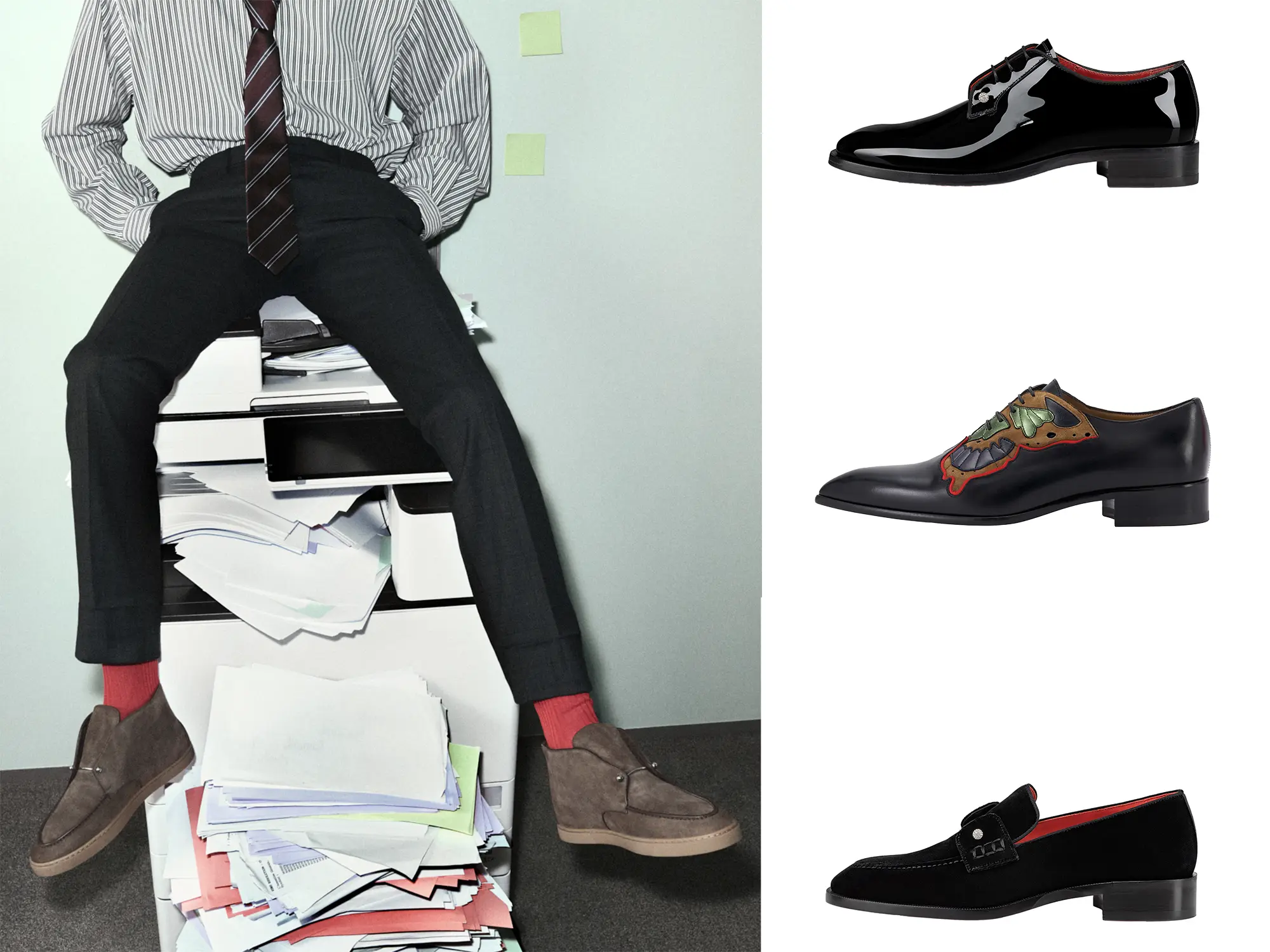 Moška kolekcija čevljev Christian Louboutin pomlad–poletje 2026, navdihnjena z uprizoritveno umetnostjo in cirkusom.