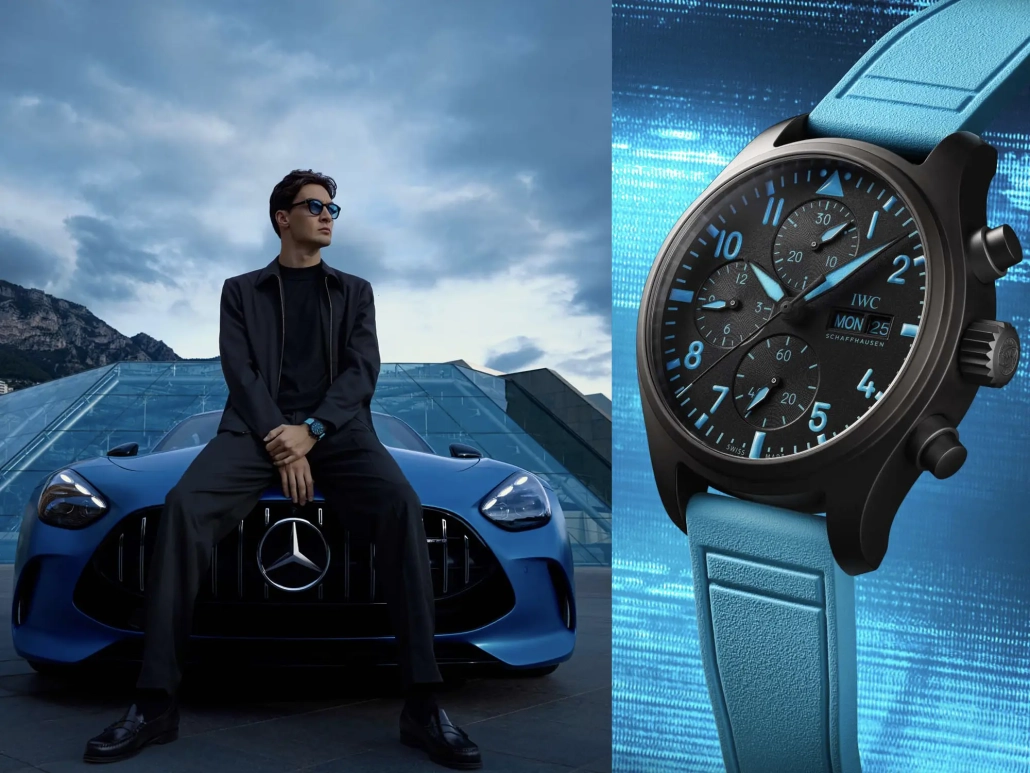 George Russell z uro IWC Schaffhausen Pilot’s Watch v modri barvi, omejena izdaja iz črne keramike, ustvarjena v sodelovanju z Mercedes-AMG PETRONAS Formula One™