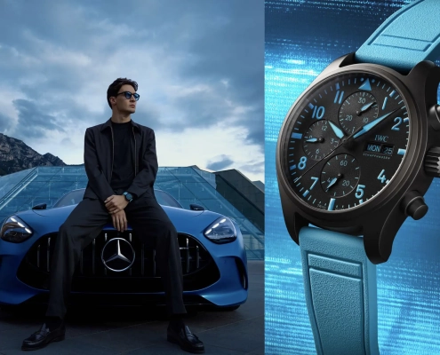George Russell z uro IWC Schaffhausen Pilot’s Watch v modri barvi, omejena izdaja iz črne keramike, ustvarjena v sodelovanju z Mercedes-AMG PETRONAS Formula One™