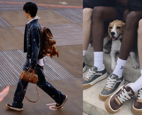 Nizke superge LV Tilted iz džinsa z živalskimi motivi in gumijastim podplatom, predstavljene na reviji moške kolekcije pomlad–poletje 2026 Louis Vuitton.