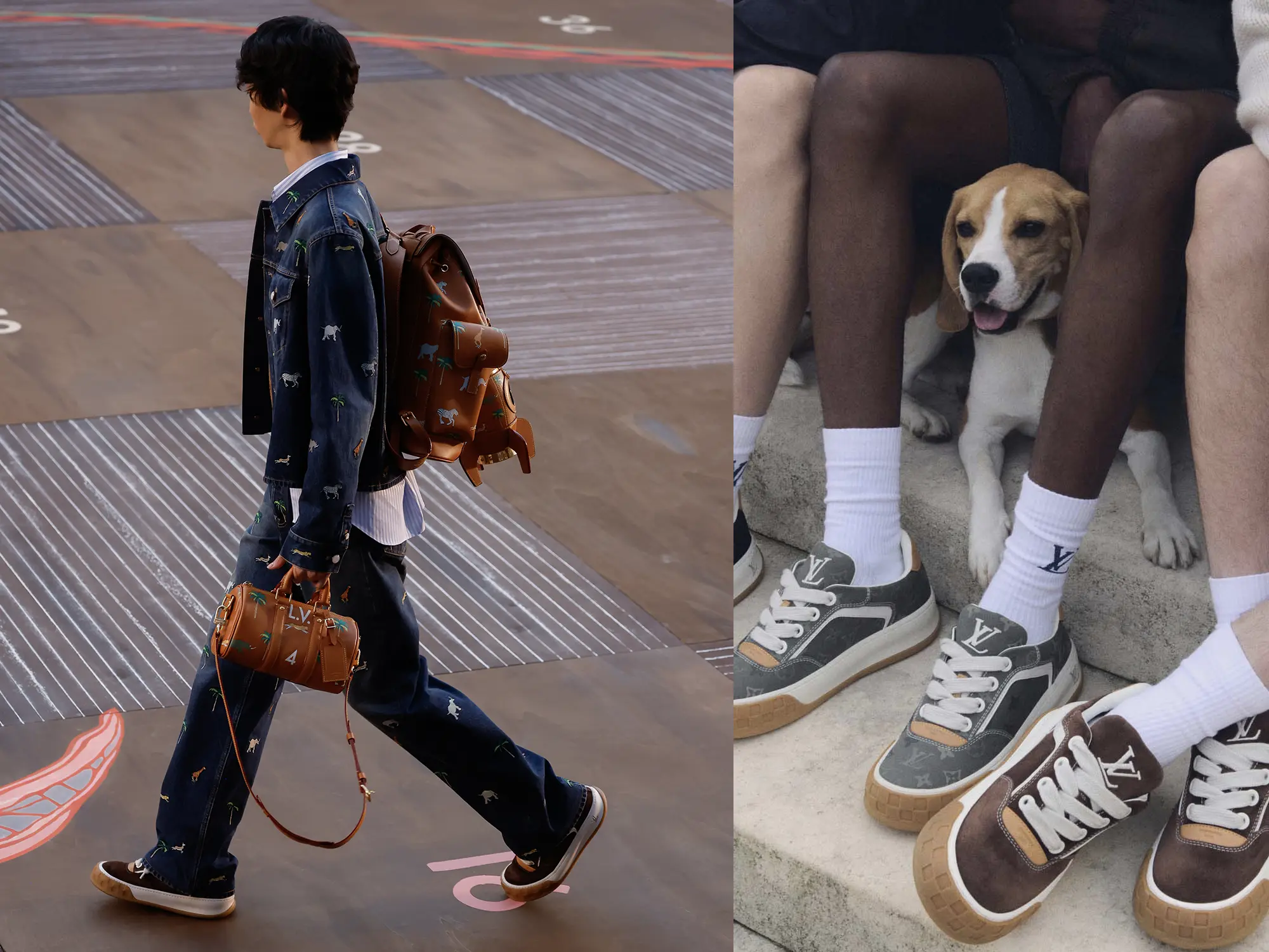 LV Tilted superge – luksuzna rolkarska estetika Louis Vuitton SS26 Nizke superge LV Tilted iz džinsa z živalskimi motivi in gumijastim podplatom, predstavljene na reviji moške kolekcije pomlad–poletje 2026 Louis Vuitton.