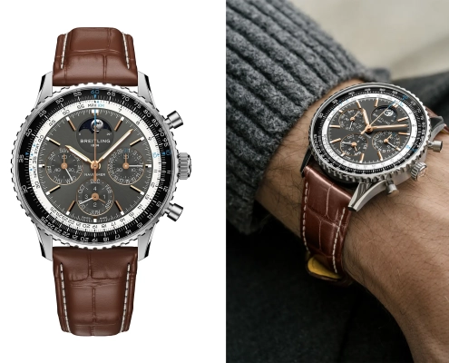 Breitling Navitimer B19 kronograf z večnim koledarjem in usnjenim paščkom.