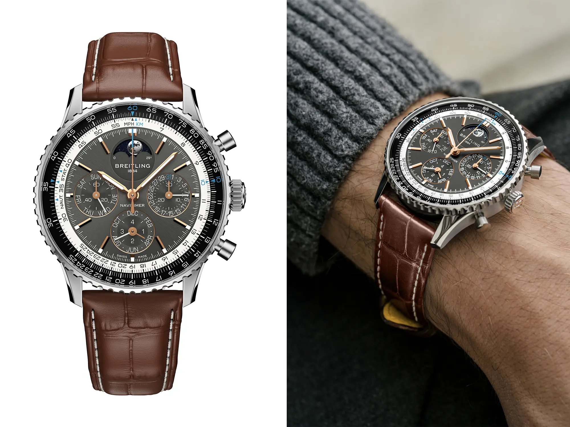 Breitling Navitimer B19 kronograf z večnim koledarjem in usnjenim paščkom.