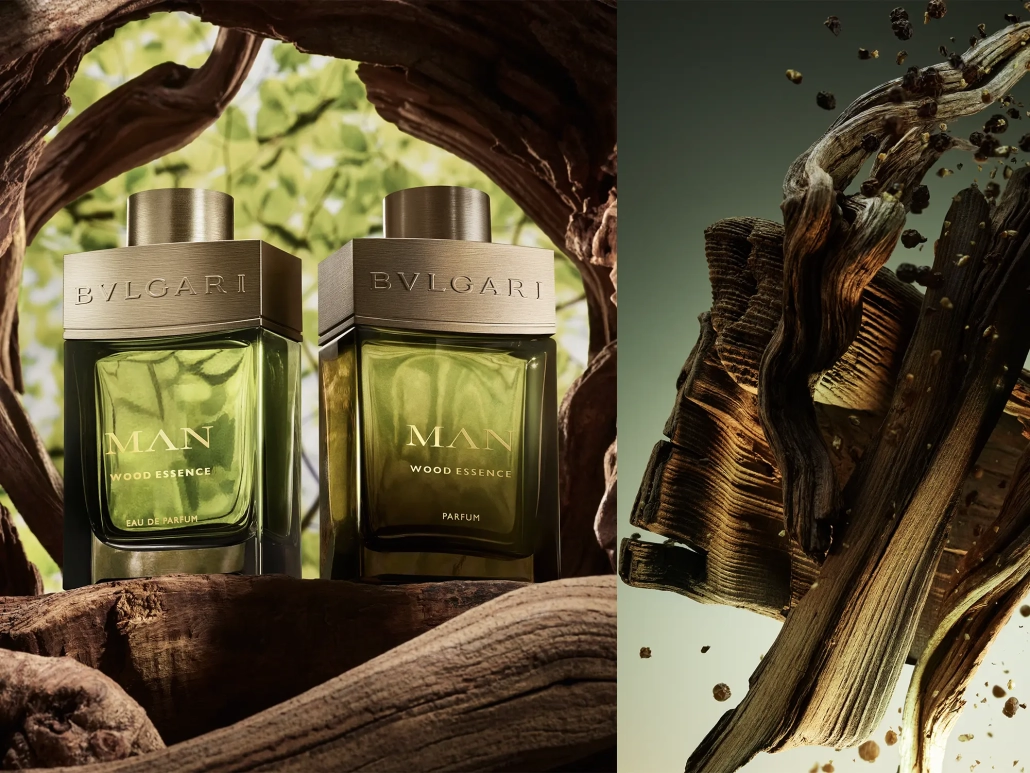 Bvlgari Man Wood Essence Parfum z lesnimi notami ciprese, vetiverja in gvajakovega lesa.