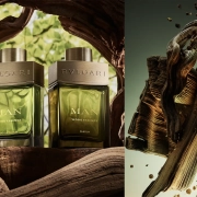 Bvlgari Man Wood Essence Parfum z lesnimi notami ciprese, vetiverja in gvajakovega lesa.