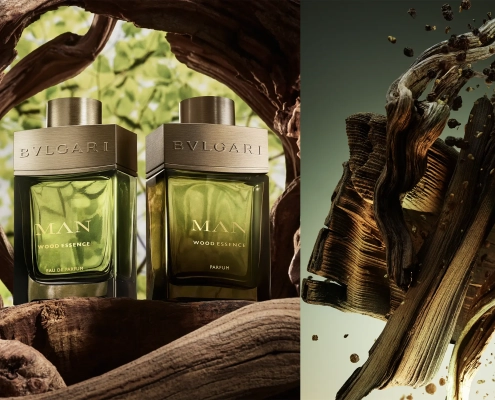 Bvlgari Man Wood Essence Parfum z lesnimi notami ciprese, vetiverja in gvajakovega lesa.