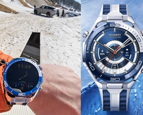 Huawei Watch Ultimate 2 pametna ura med hojo na zasneženem terenu.
