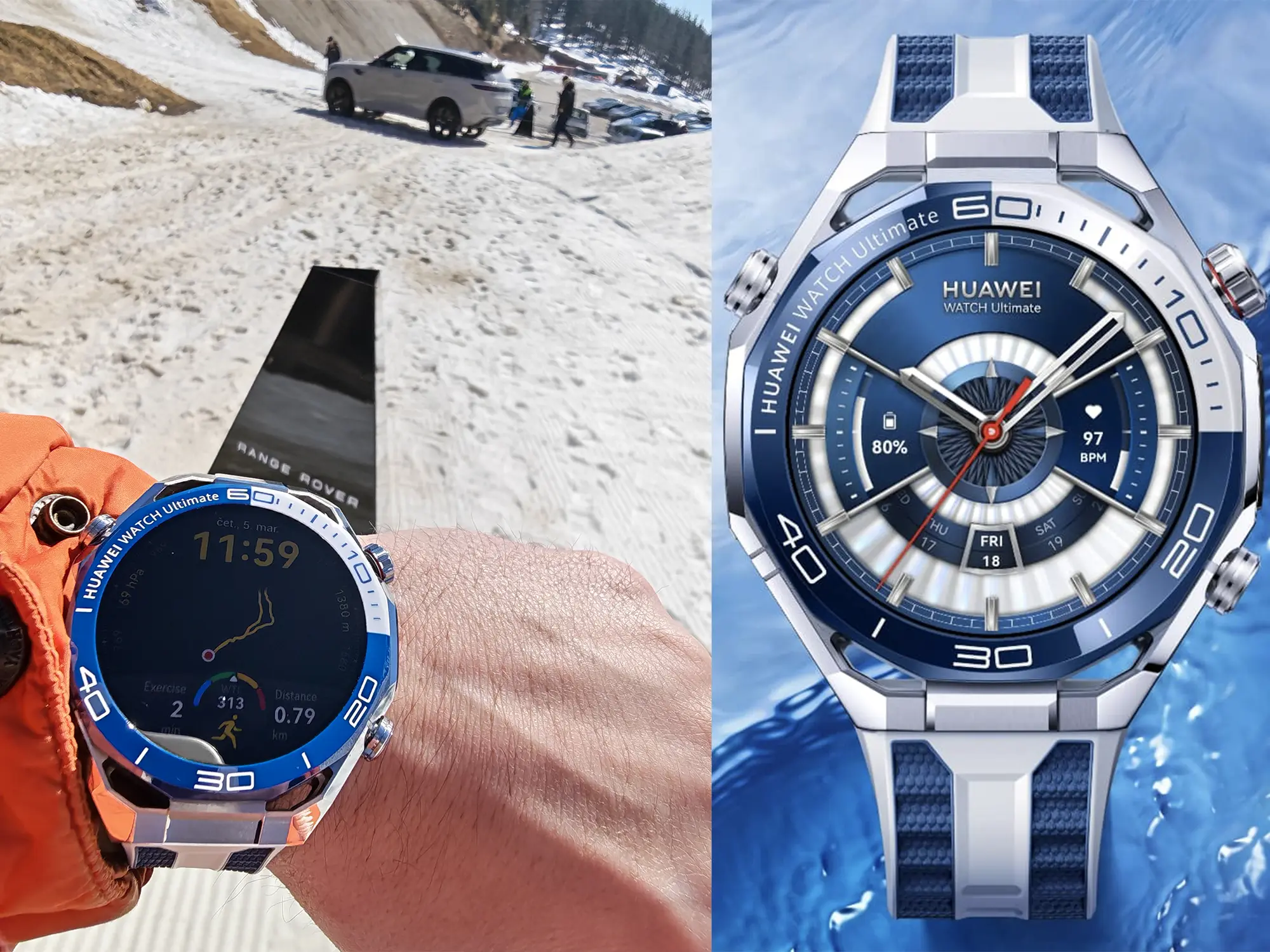 Huawei Watch Ultimate 2 pametna ura med hojo na zasneženem terenu.