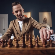 Mojmir Šiftar igra šah v restavraciji PEN v Ljubljani.