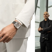 Bruno Belamich iz Bell & Ross oblečen v črno ob uri na zapestju ter detajl kvadratne ure na belem suknjiču.