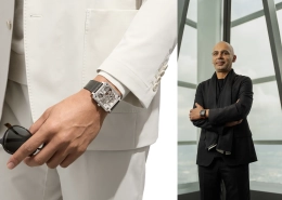 Bruno Belamich iz Bell & Ross oblečen v črno ob uri na zapestju ter detajl kvadratne ure na belem suknjiču.