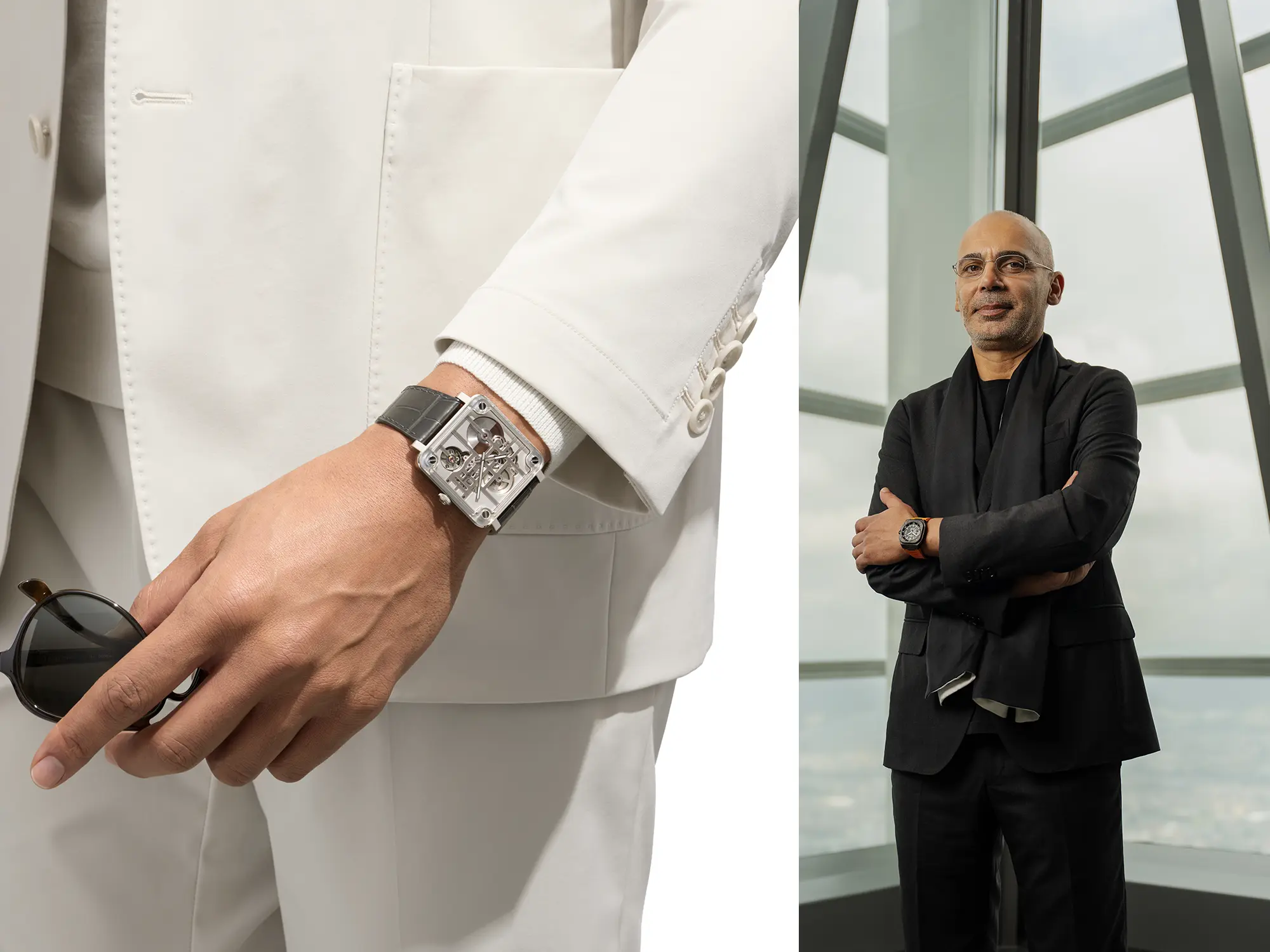 Bruno Belamich iz Bell & Ross oblečen v črno ob uri na zapestju ter detajl kvadratne ure na belem suknjiču.