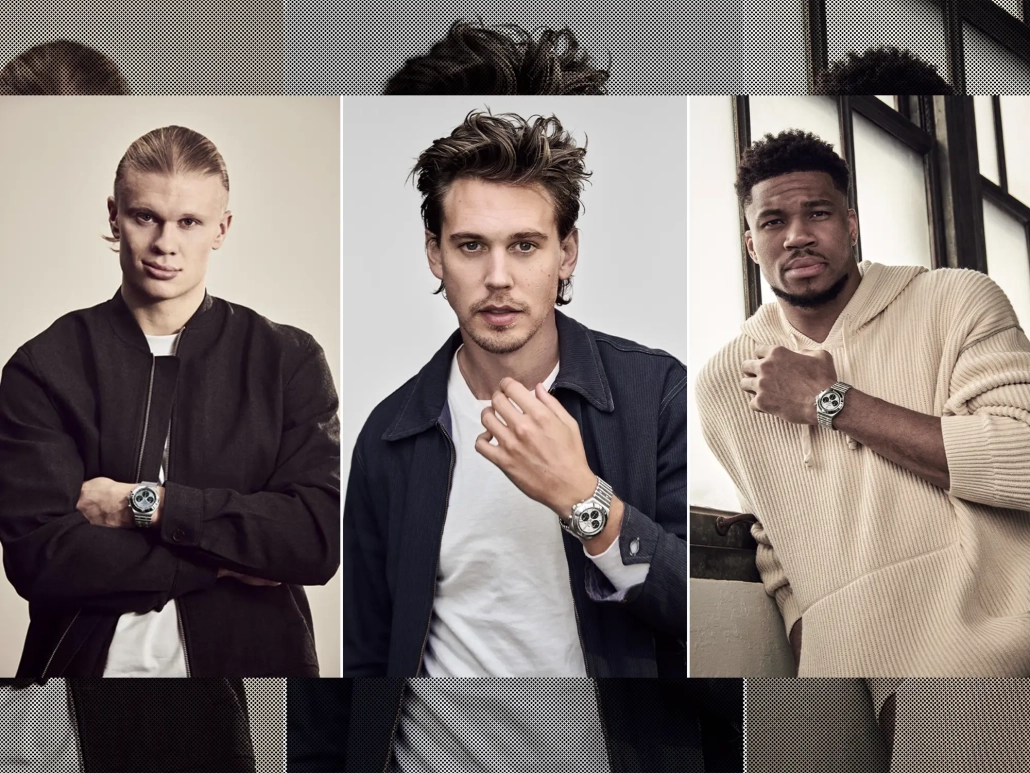 Trije ambasadorji Breitlinga – Erling Haaland, Austin Butler in Giannis Antetokounmpo – predstavljajo novi Chronomat na skupinskem vizualu.