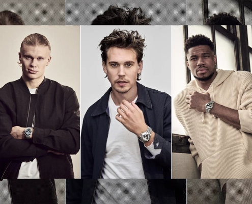 Trije ambasadorji Breitlinga – Erling Haaland, Austin Butler in Giannis Antetokounmpo – predstavljajo novi Chronomat na skupinskem vizualu.