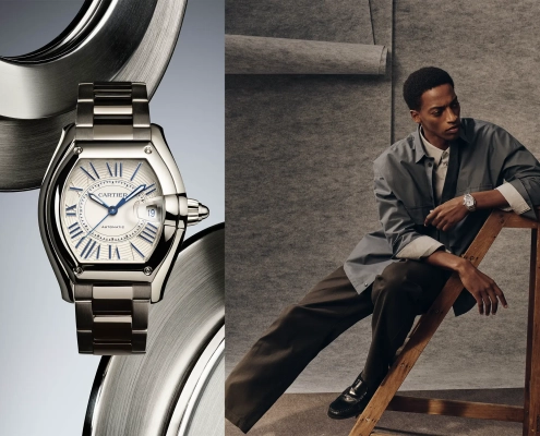 Nova ura Cartier Roadster v jekleni izvedbi z značilno tonneau obliko in modrimi rimskimi številkami ob moškem editorial portretu.