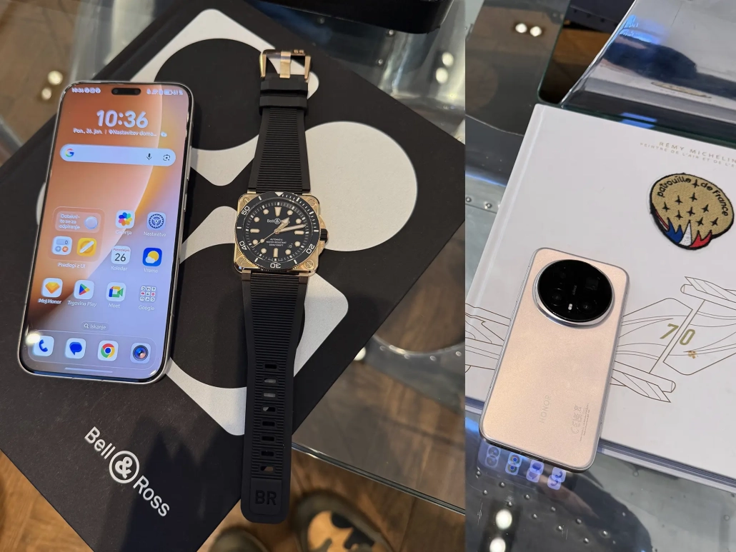 HONOR Magic8 Pro pametni telefon ob luksuzni uri Bell & Ross na mizi.