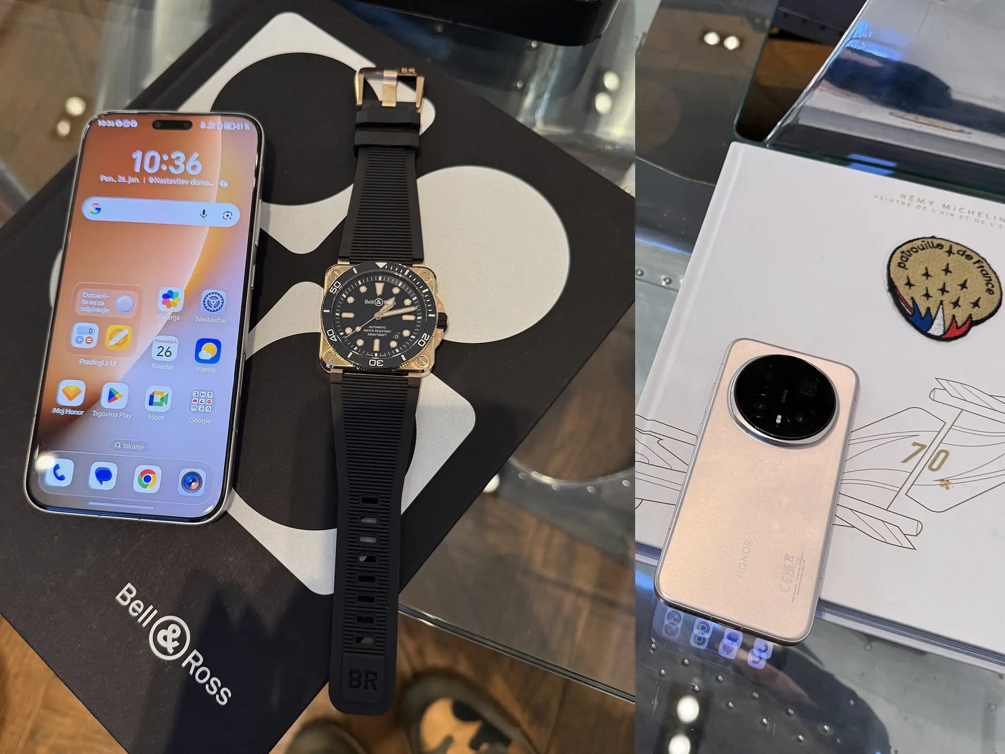 HONOR Magic8 Pro pametni telefon ob luksuzni uri Bell & Ross na mizi.