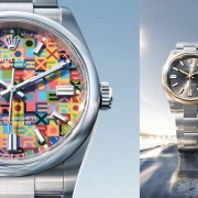 Rolex Oyster Perpetual ura z barvito številčnico in klasičen model v jeklu z zlatim robom.